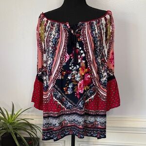 Billabong Multicolor Floral Bell Cuff Open Neck Boho Blouse XL